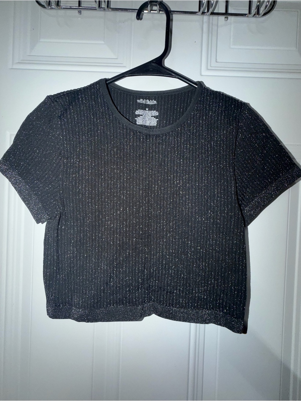 wild fable Black Metallic Ribbed Short Sleeve Crop Top